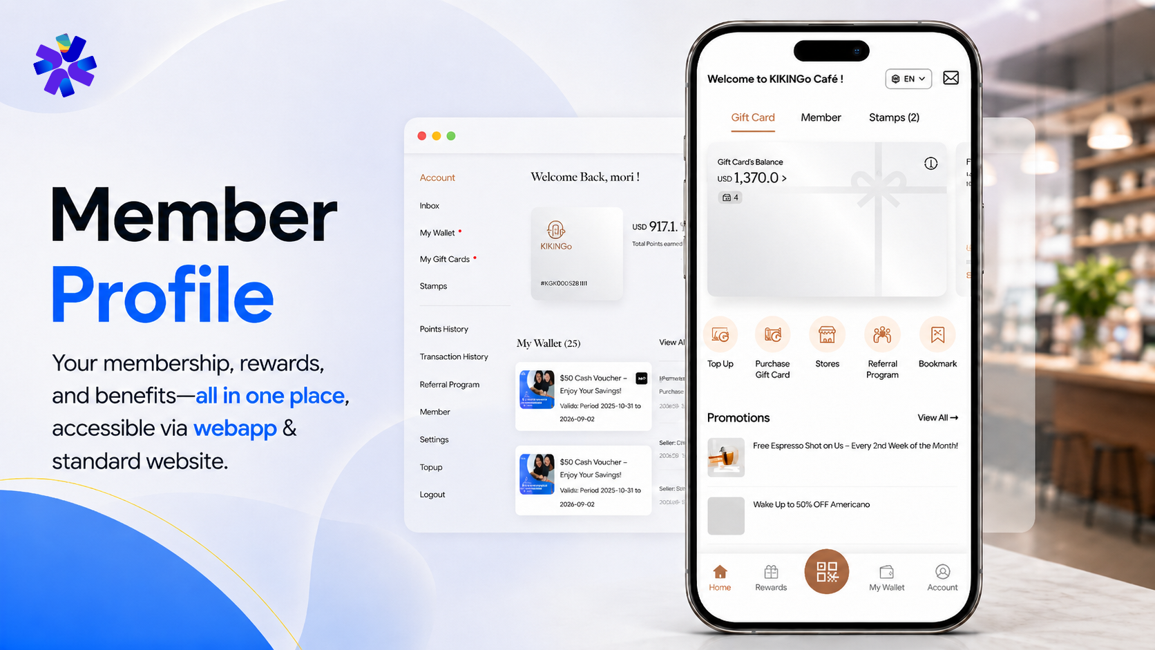 Your membership, rewards, and benefits—all in one place, accessible via webapp or website.